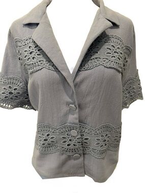 Crochet-Trim Short Sleeve Button-Down Top in Periwinkle by Velvet Fleur. Medium